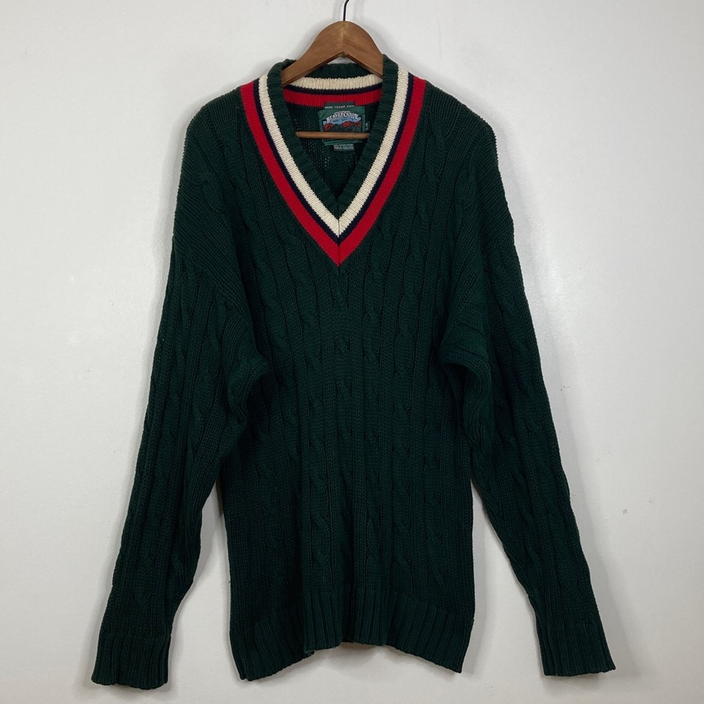 Vintage Beaver Canoe Cricket Sweater Men Medium Green Red Cotton Cable Knit